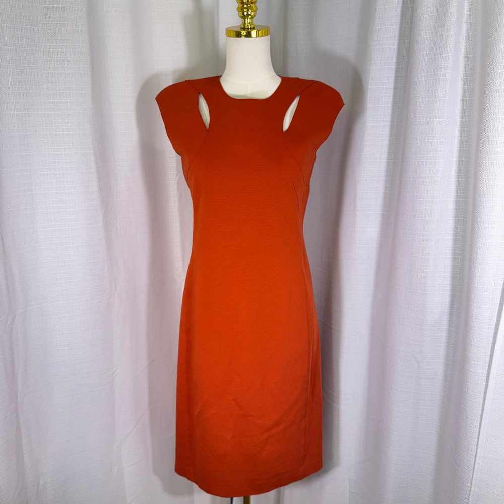 Akris Punto Sheath Dress Sz 6 Red Orange Cutout Textured Sleeveless Knee Length - Picture 4 of 16